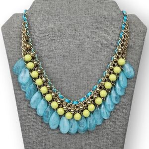 RJ Graziano Statement Chain Necklace Faux Turquoise Bib Green Blue Gold Tone 18"